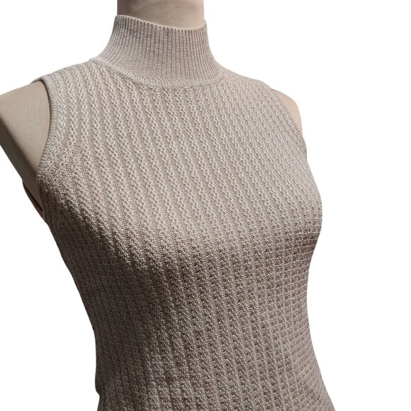 St Michael Marks Spencer S Beige Textured Knit Sleeveless Mock Neck Top Vintage - Picture 2 of 8